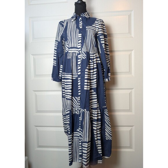 Zara Size S Maxi Shirt Dress Geometric Blue Collared Button Down Casual Chic - Picture 2 of 11